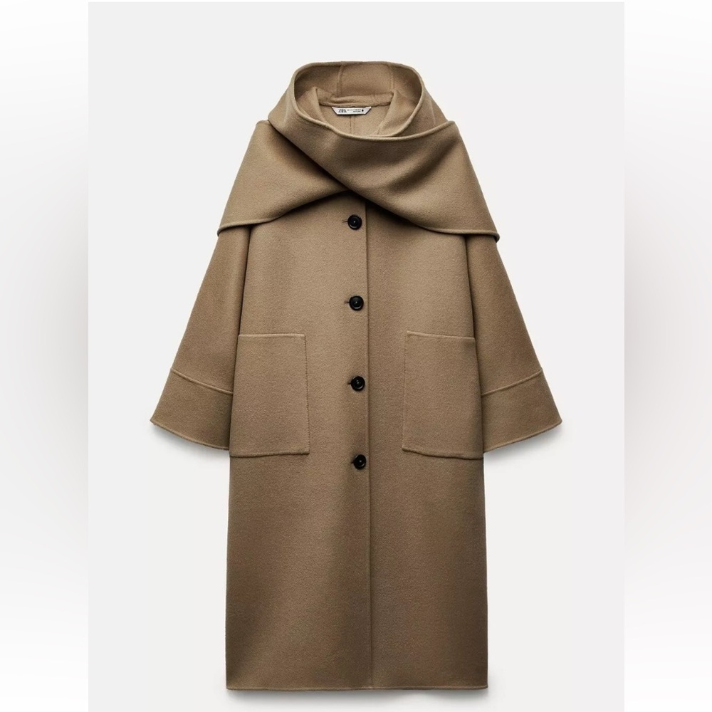 ZARA DOUBLE-FACED 100% WOOL SCARF HOODED COAT NWT